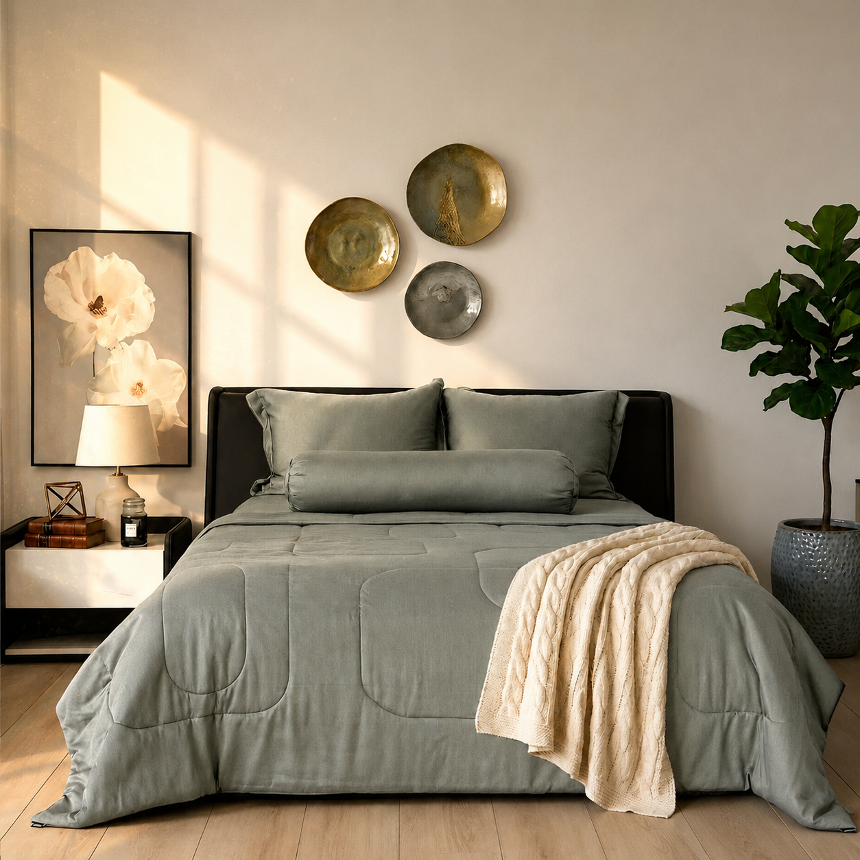 M4M69 – Bộ chăn ga gối Tencel 60S màu xám xanh
