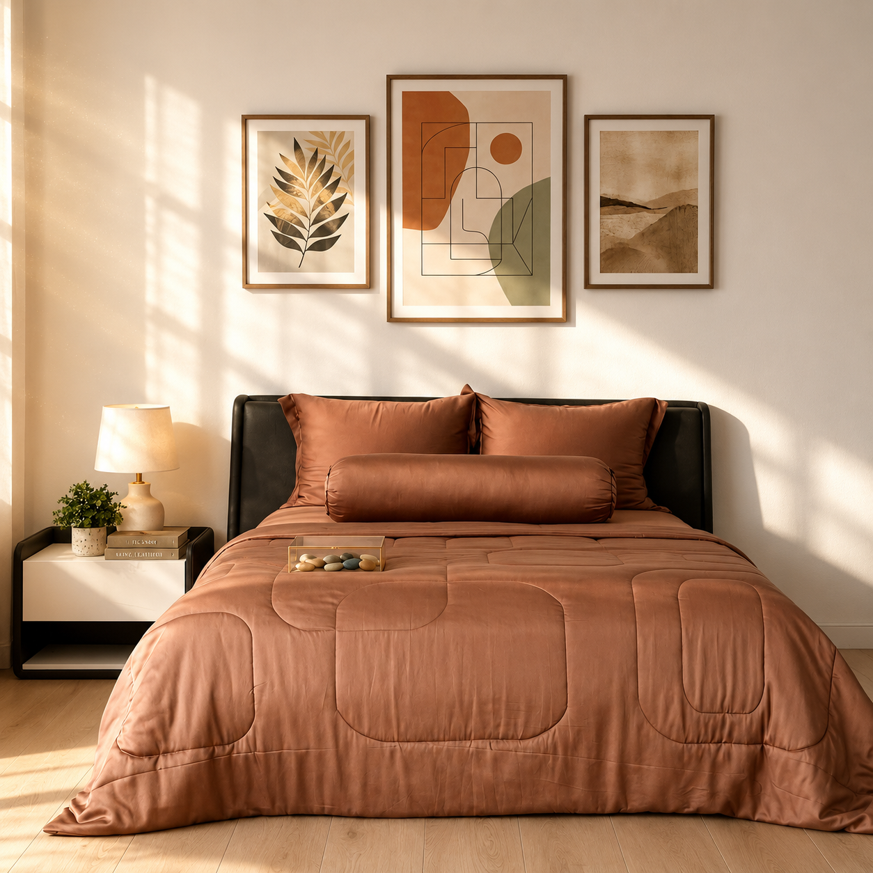 M4M51 – Bộ chăn ga gối Tencel 60S màu nâu hồng đất